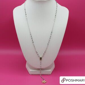 Lucky brand Y drop pave and floral accent silvertone necklace